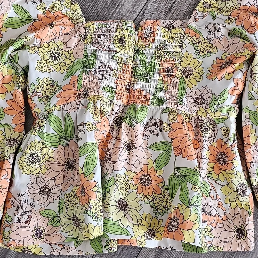 J Crew Zinnia square neck peplum floral boho cotton long sleeve top size 0 NWT